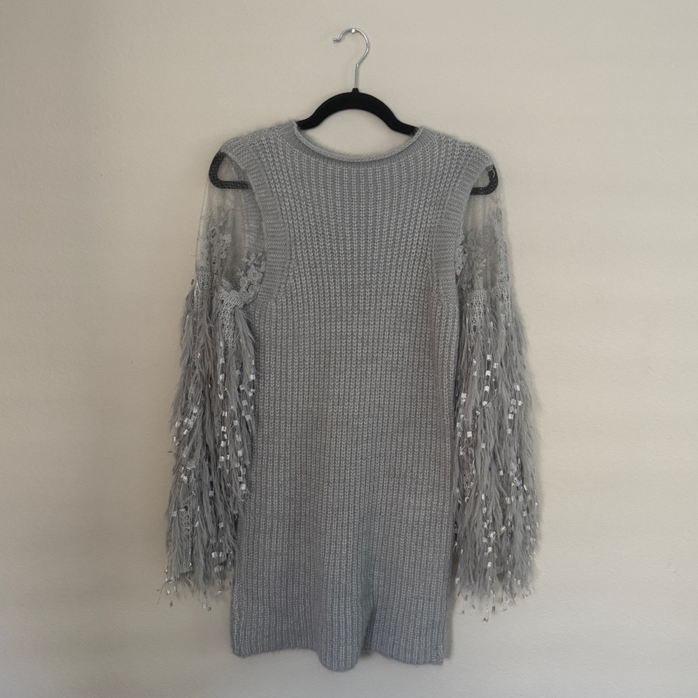 European Gray Knit Long Sleeve Sweater Dress with Lace Fringe Sleeves